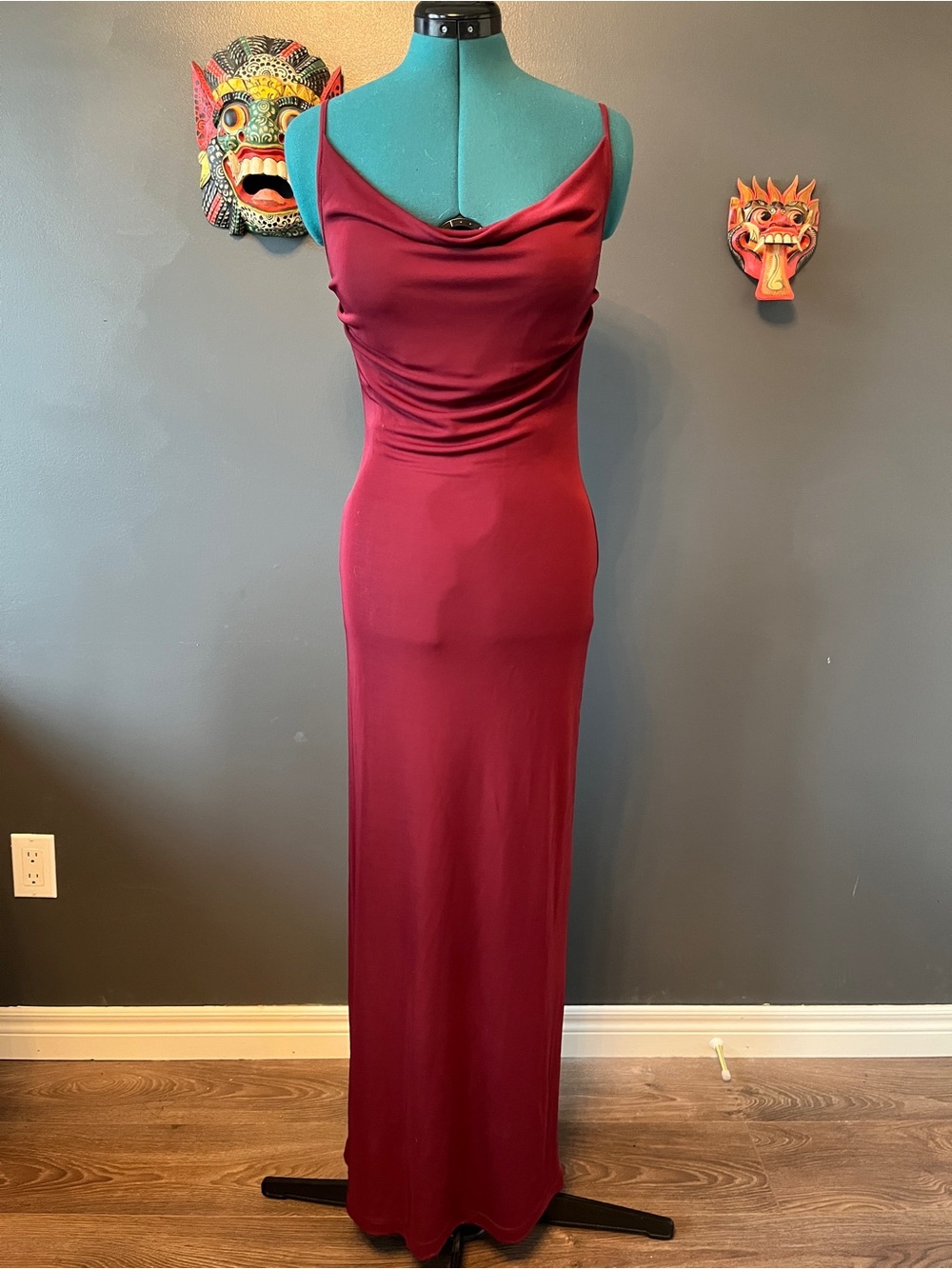 Vintage slinky burgundy spaghetti-strap cowl-neck gown